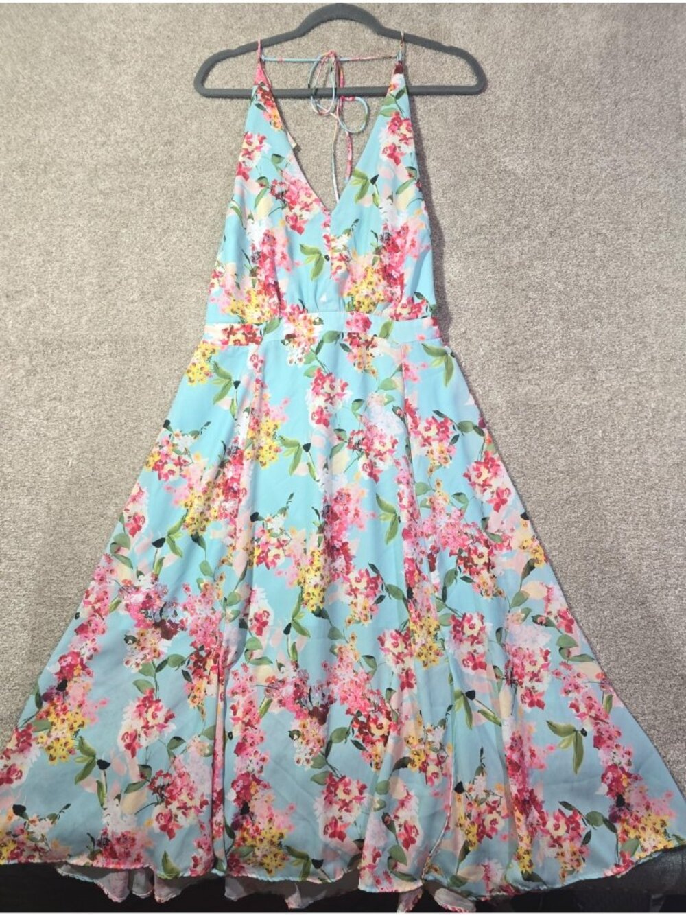 Adelyn Rae Floral Halter Midi Dress Fit Flare Garden Party Romantic Aqua Women L - Picture 1 of 12